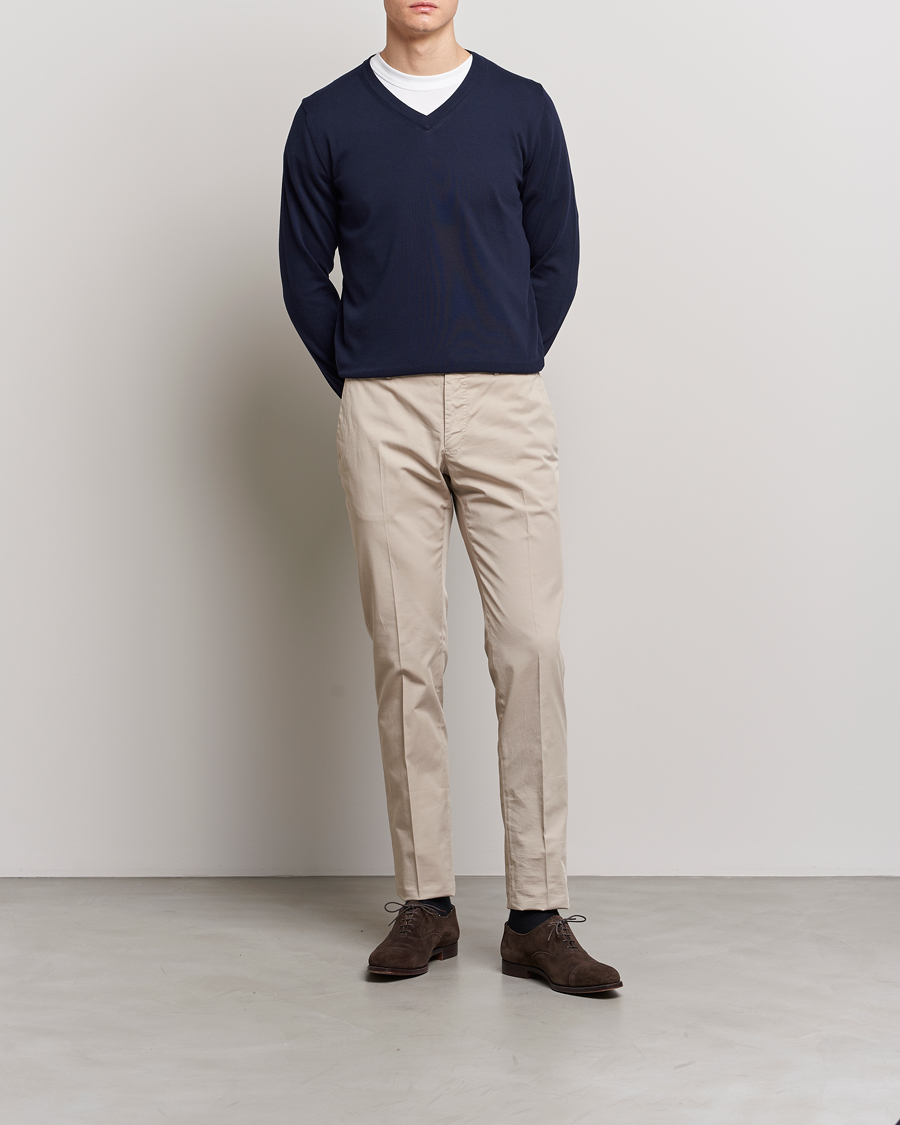 Herre | Trøjer | Canali | Cotton V-Neck Pullover Navy