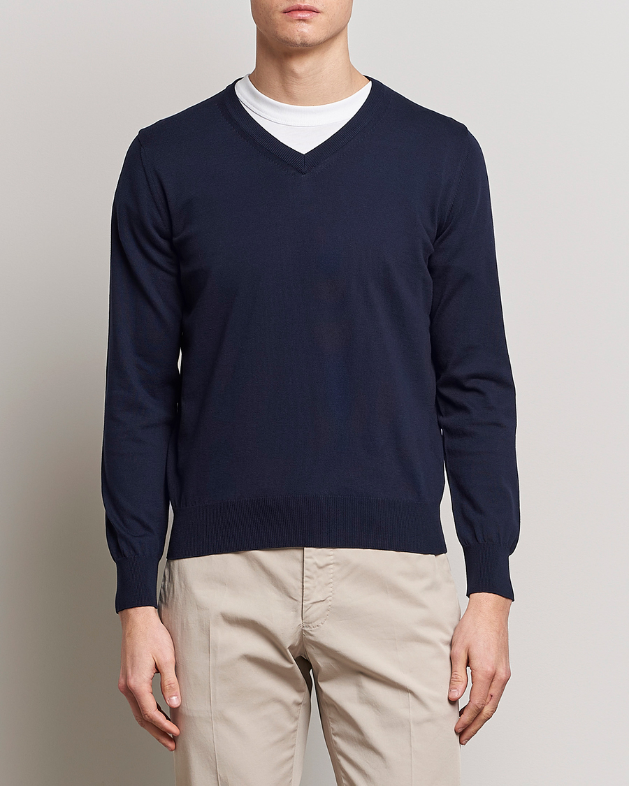 Herre | Pullovers med v-hals | Canali | Cotton V-Neck Pullover Navy