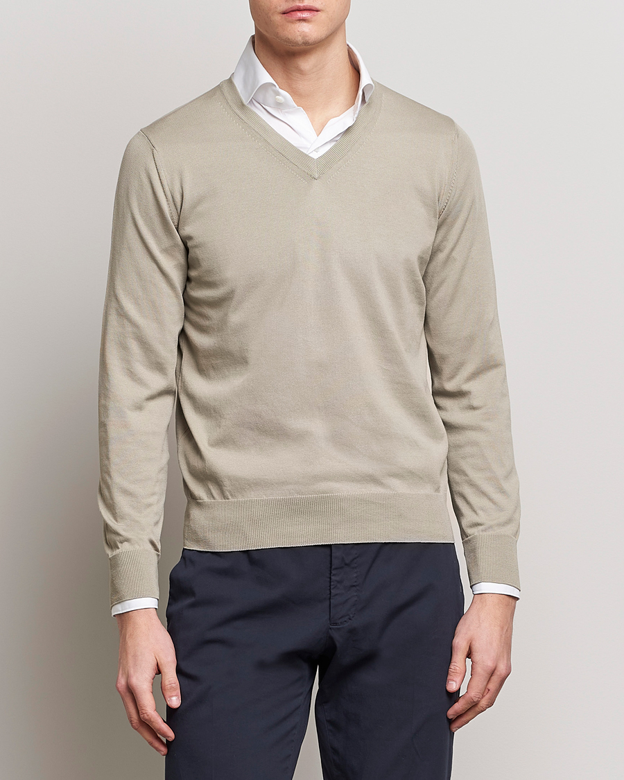 Herre | Pullovers med v-hals | Canali | Cotton V-Neck Pullover Sage
