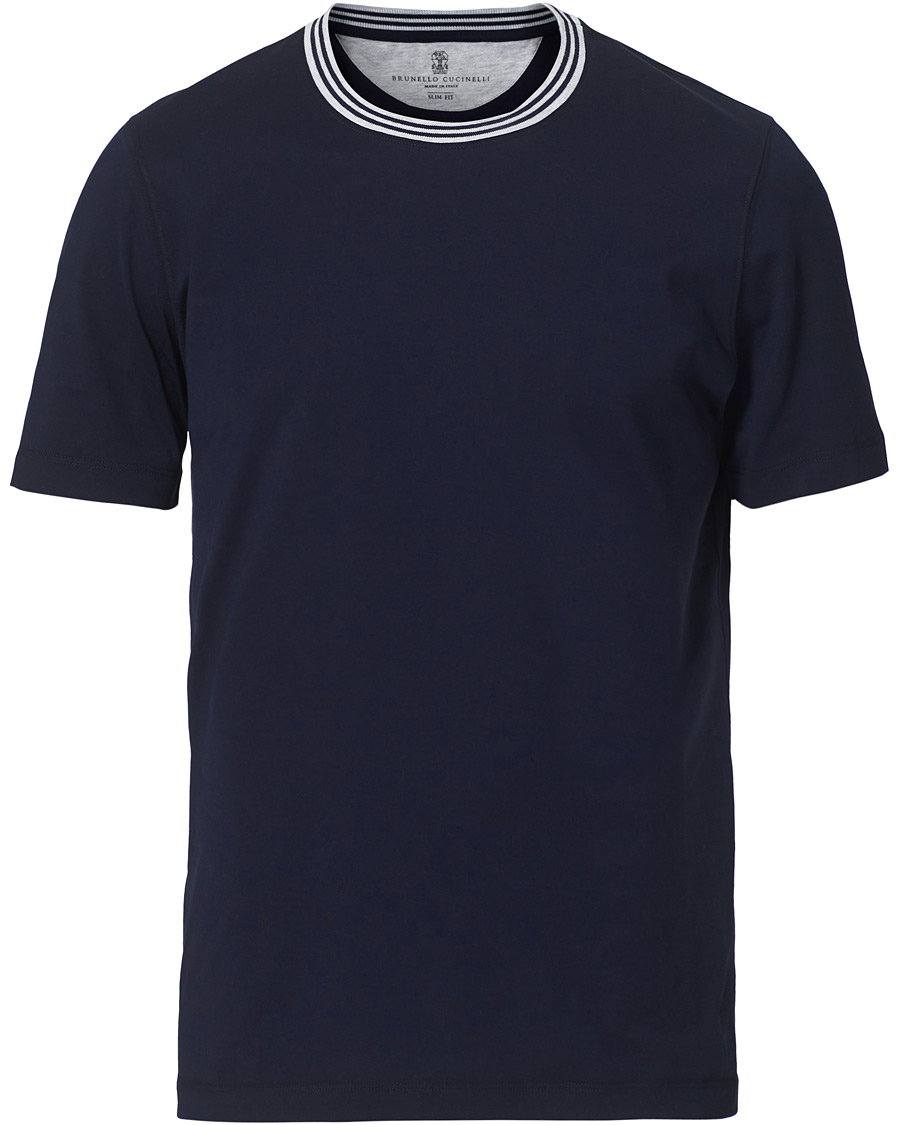 Herre | T-Shirts | Brunello Cucinelli | Contrast Collar Short Sleeve T-Shirt Navy