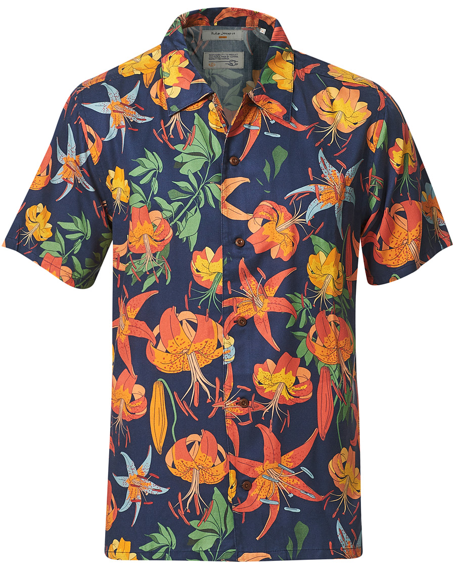Herre | Skjorter | Nudie Jeans | Arvid Printed Lillies Short Sleeve Shirt Deep Blue