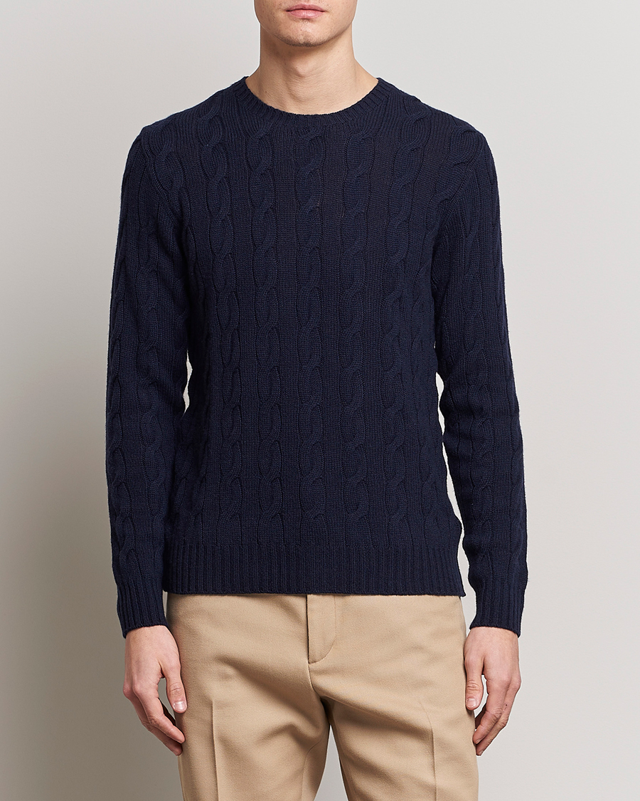 Herre | Strikkede trøjer | Ralph Lauren Purple Label | Cashmere Cable Crew Neck Sweater Chairman Navy