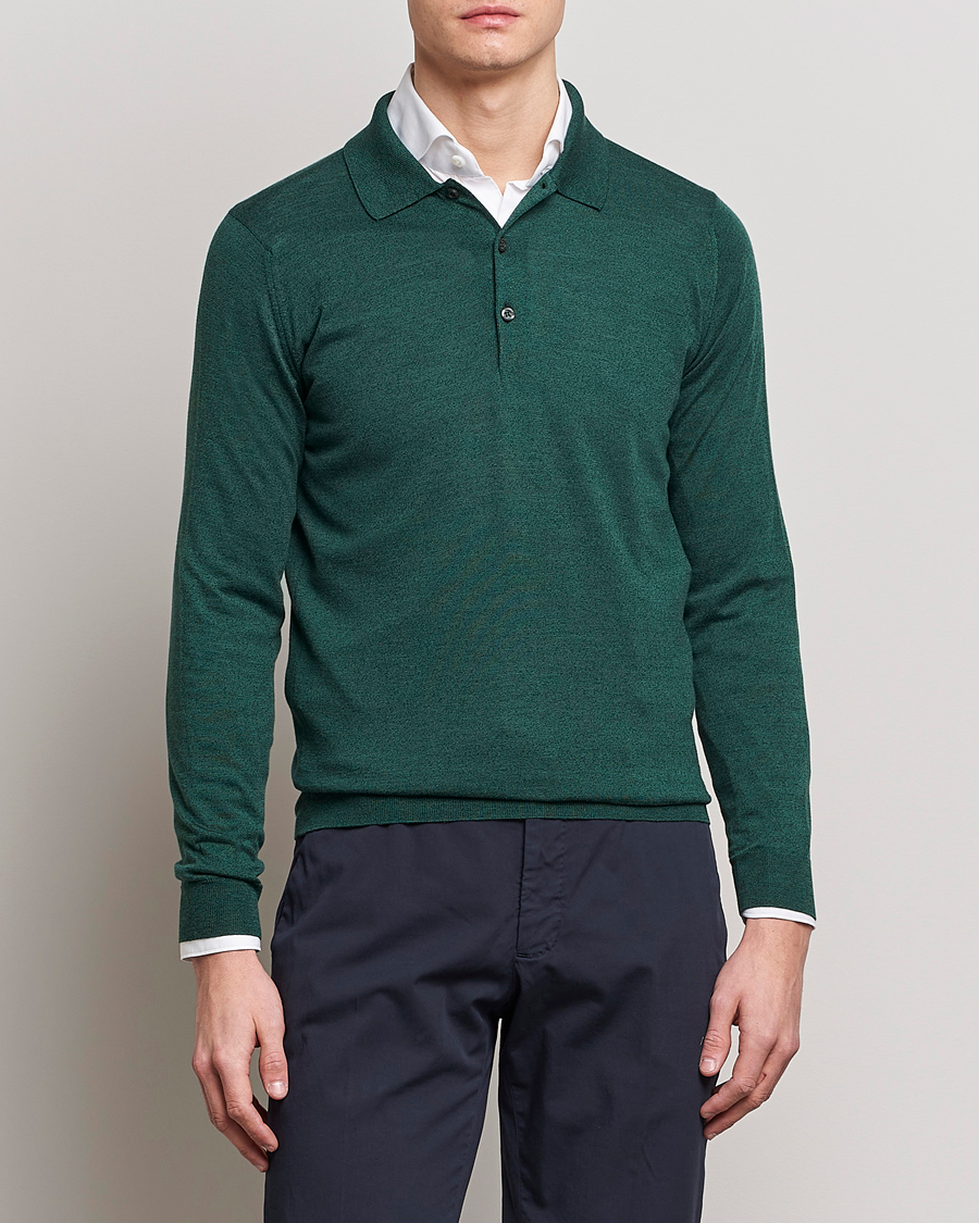 Herre | Strikkede polotrøjer | John Smedley | Belper Wool/Cotton Polo Pullover Bottle Green