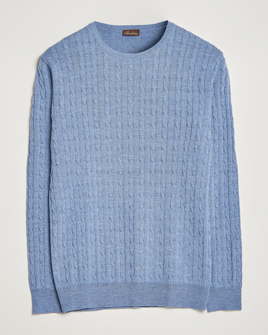 Herre | Trøjer | Stenströms | Merino Cable Crew Neck Light Blue