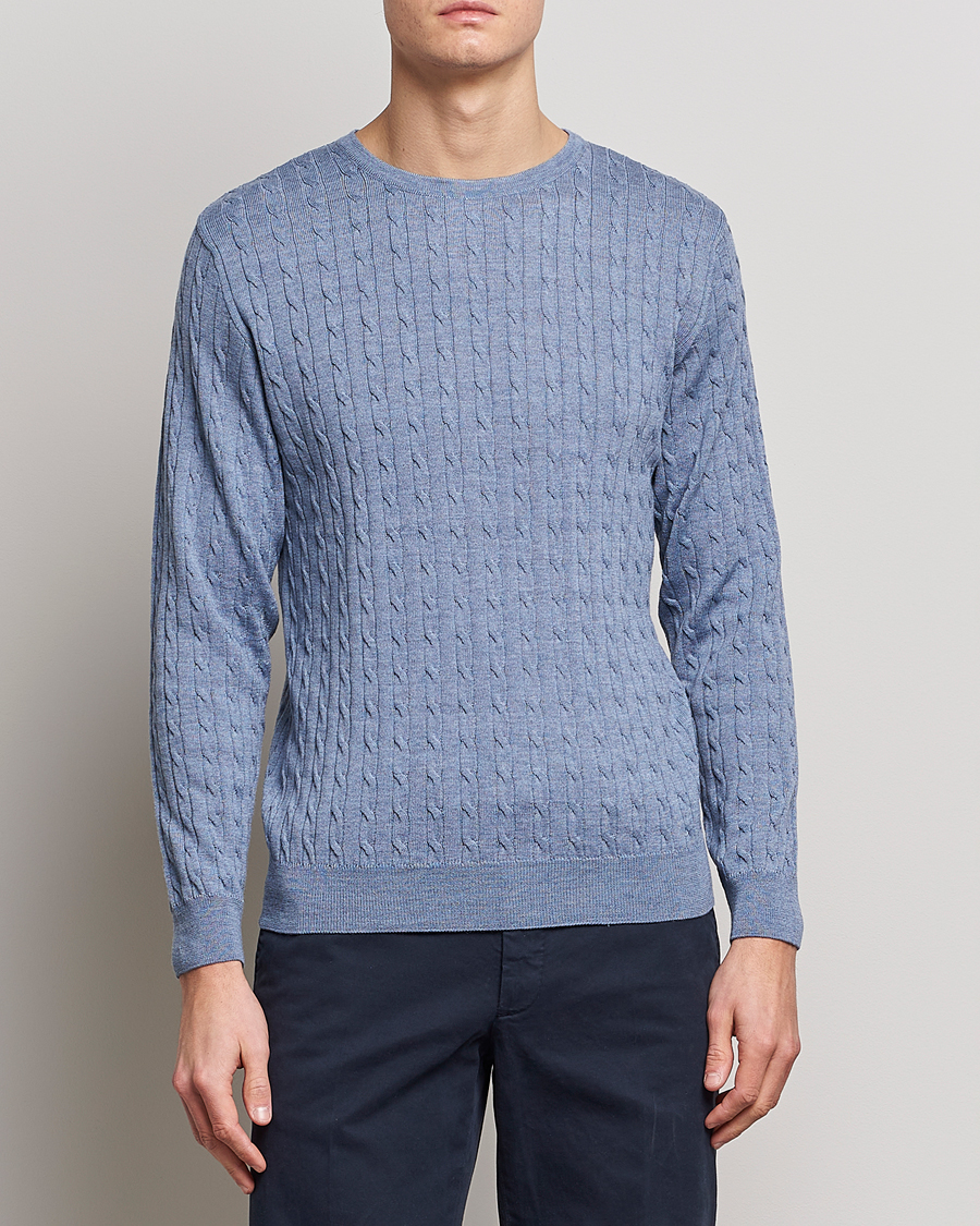 Herre | Trøjer | Stenströms | Merino Cable Crew Neck Light Blue
