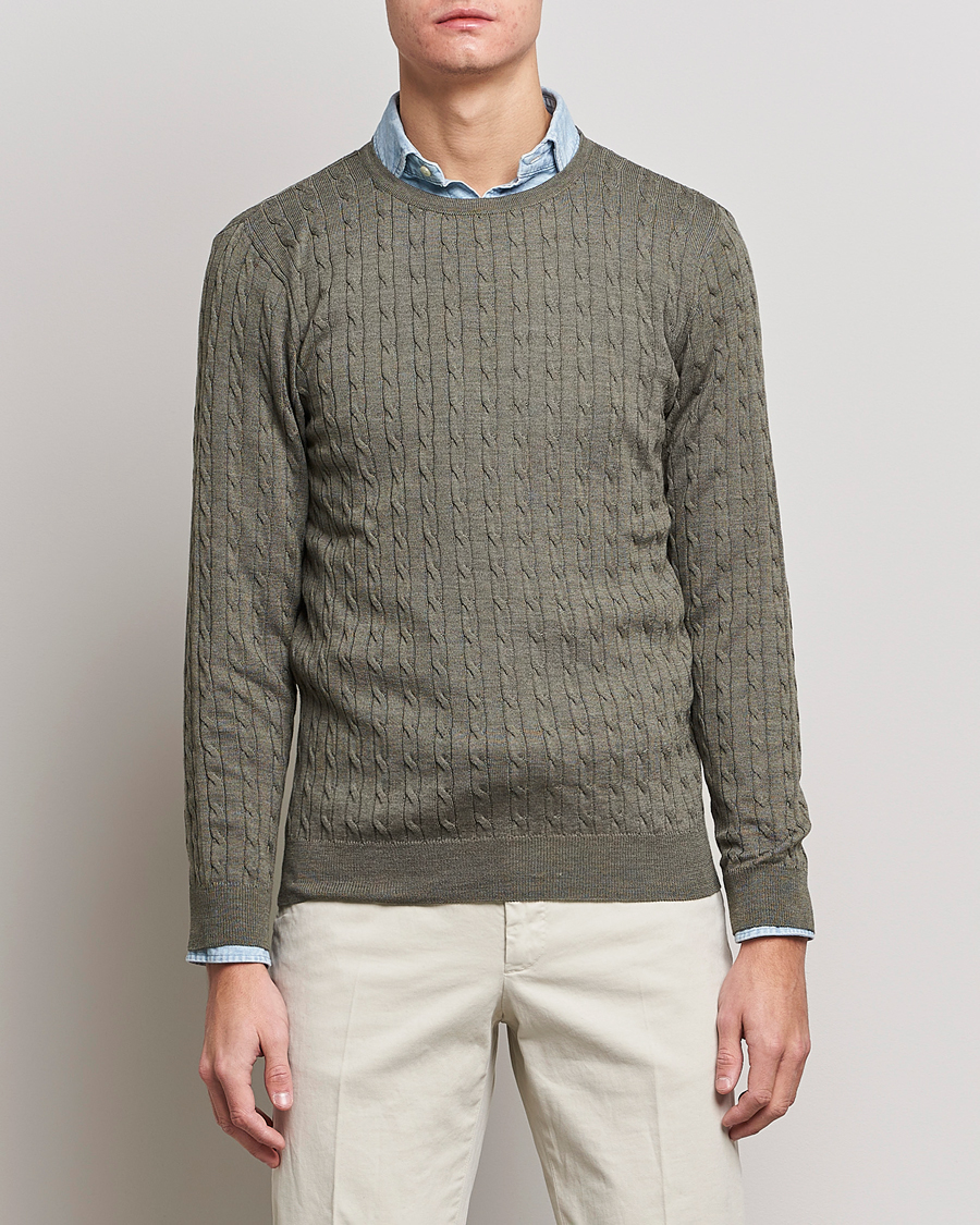 Herre | Trøjer | Stenströms | Merino Cable Crew Neck Olive