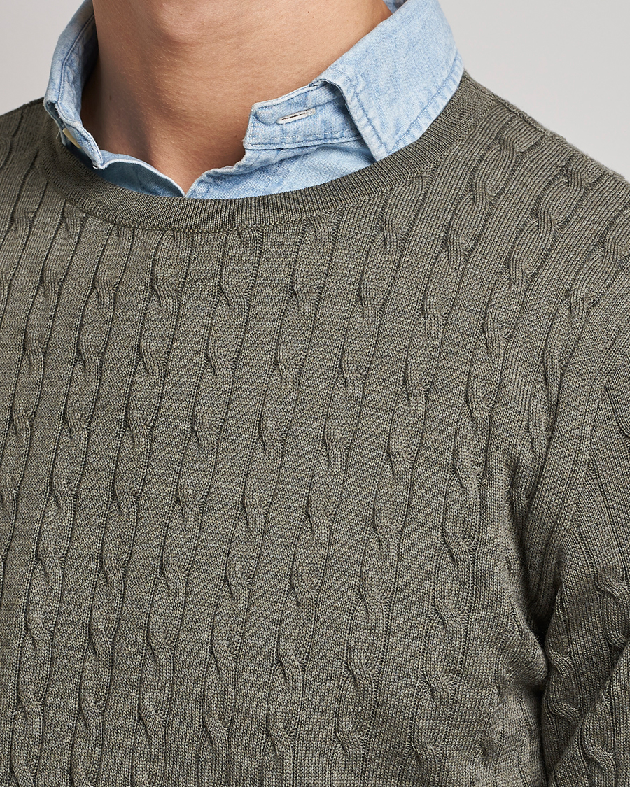 Herre | Trøjer | Stenströms | Merino Cable Crew Neck Olive