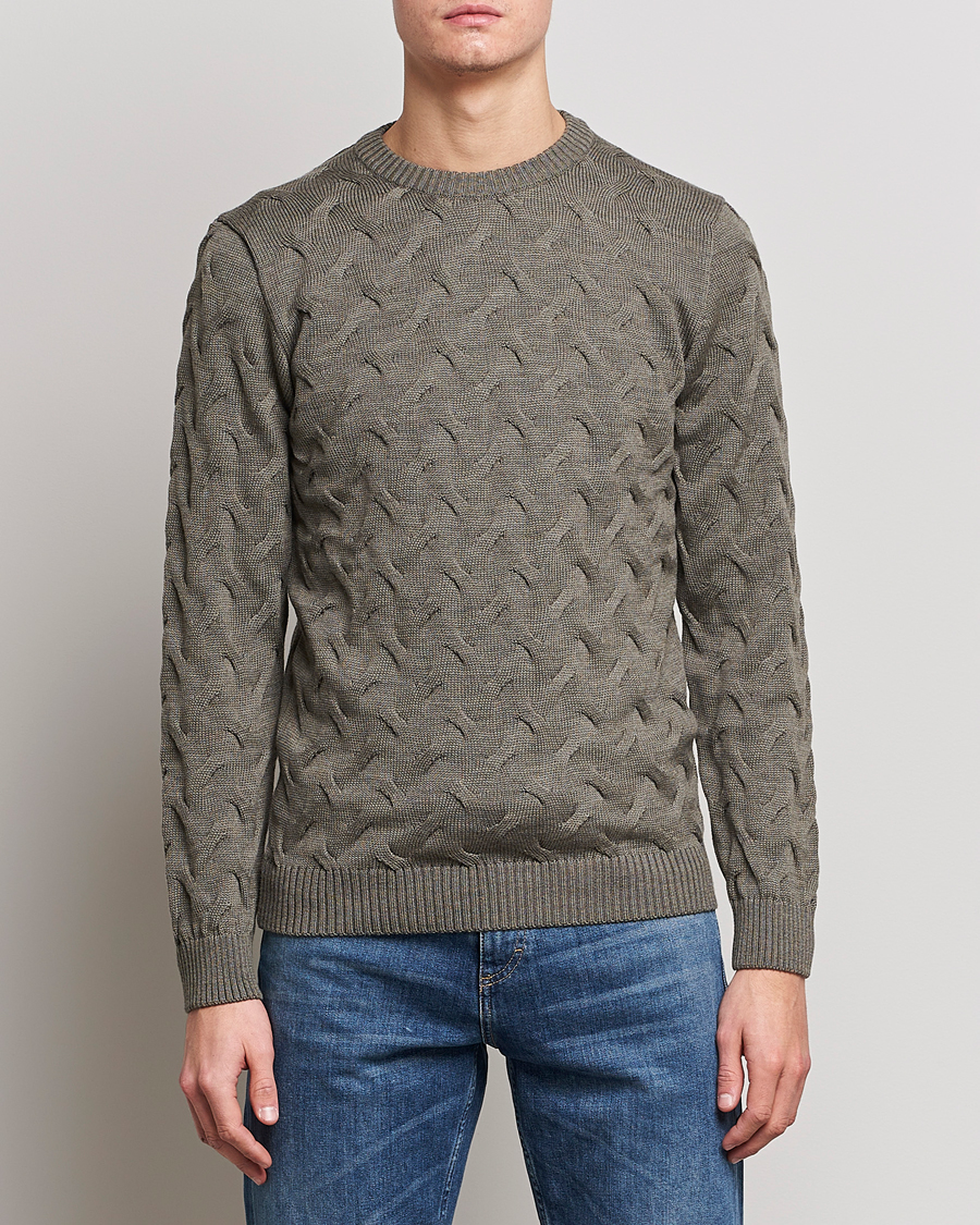 Herre | Trøjer | Stenströms | Heavy Cable Merino Crew Neck Olive