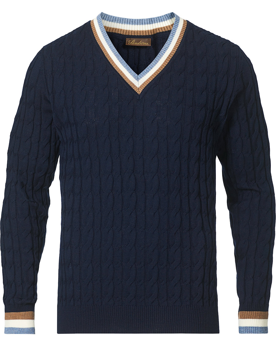 Herre | Trøjer | Stenströms | Contast Merino Cable V-Neck Navy