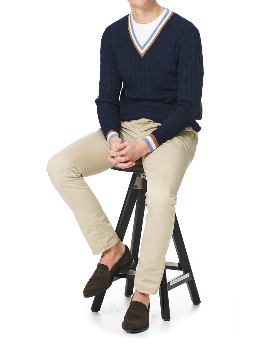 Herre | Trøjer | Stenströms | Contast Merino Cable V-Neck Navy