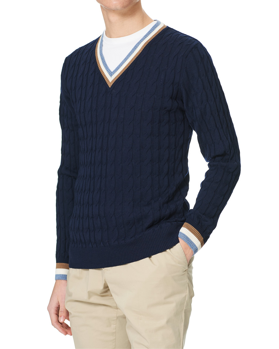 Herre | Trøjer | Stenströms | Contast Merino Cable V-Neck Navy