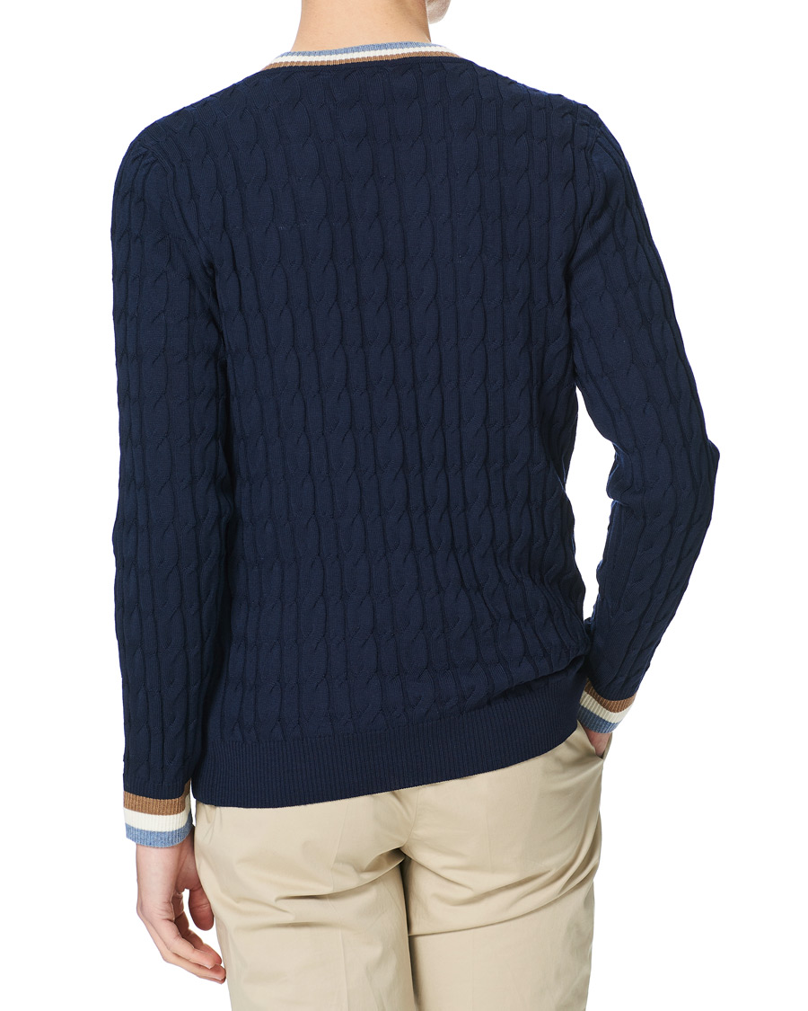 Herre | Trøjer | Stenströms | Contast Merino Cable V-Neck Navy