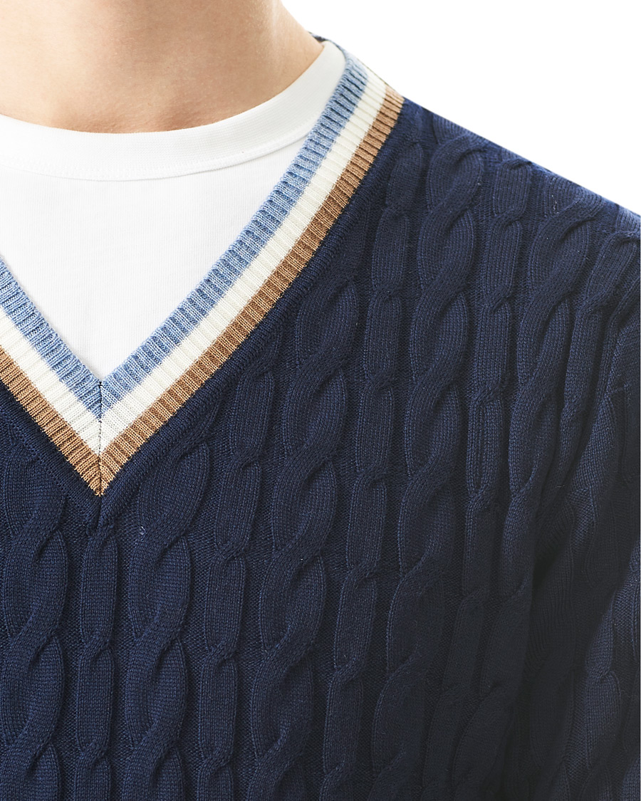 Herre | Trøjer | Stenströms | Contast Merino Cable V-Neck Navy