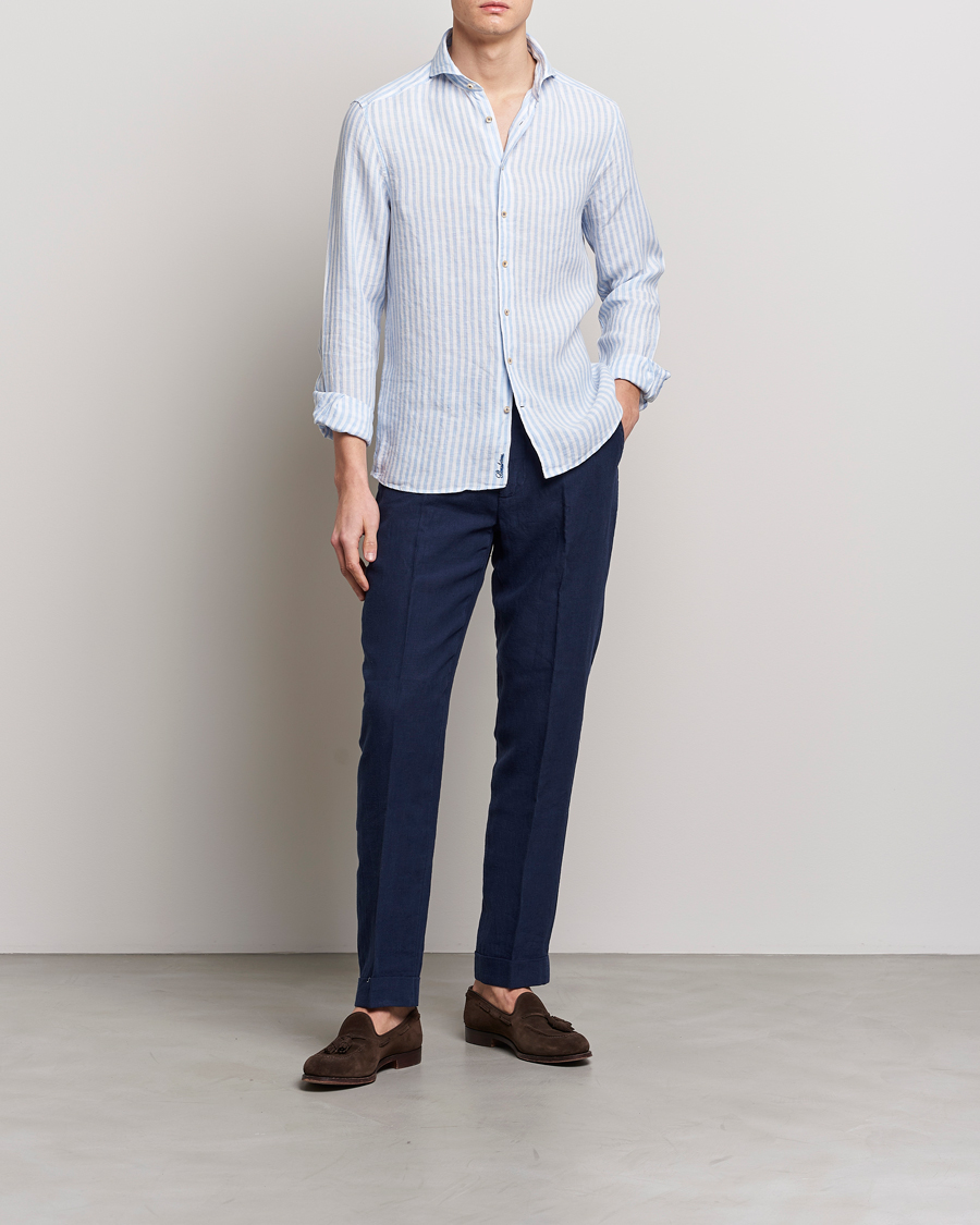 Herre | Skjorter | Stenströms | Slimline Cut Away Striped Linen Shirt Light Blue