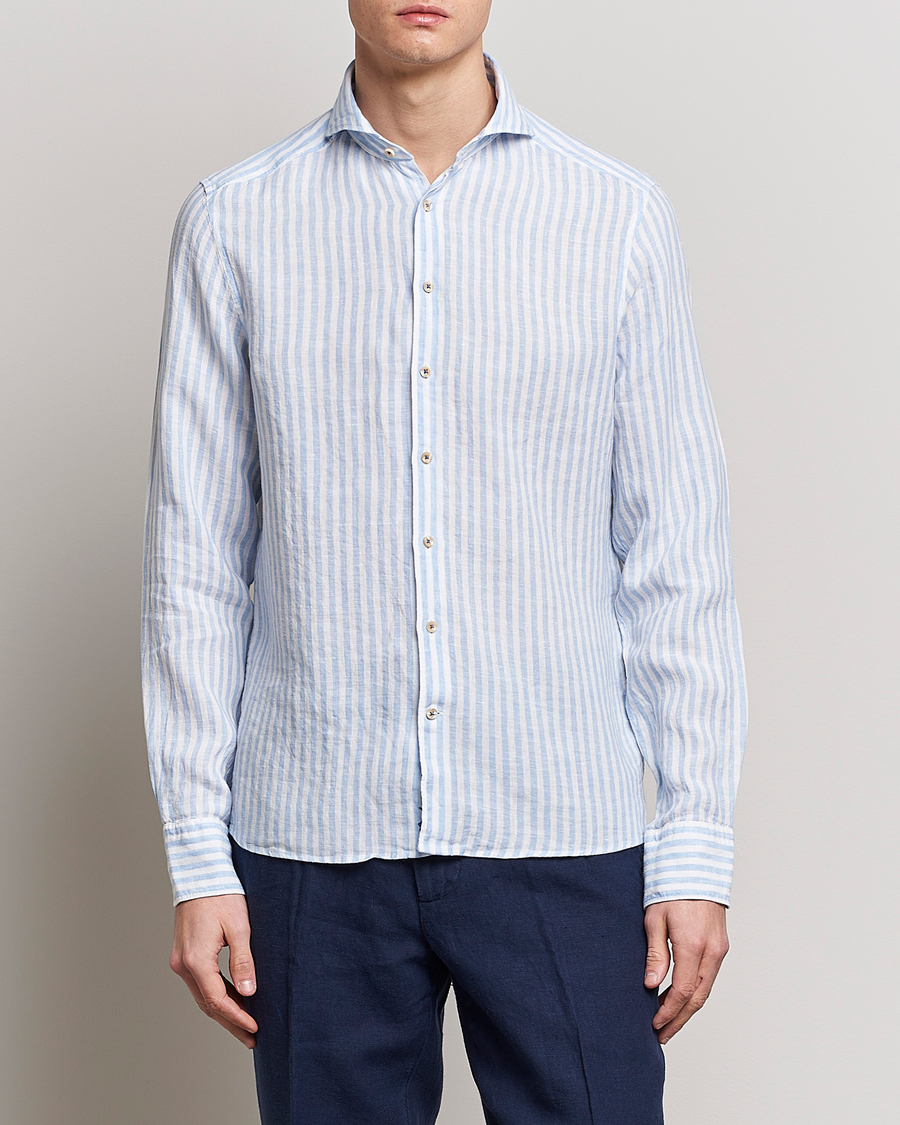 Herre |  | Stenströms | Slimline Cut Away Striped Linen Shirt Light Blue