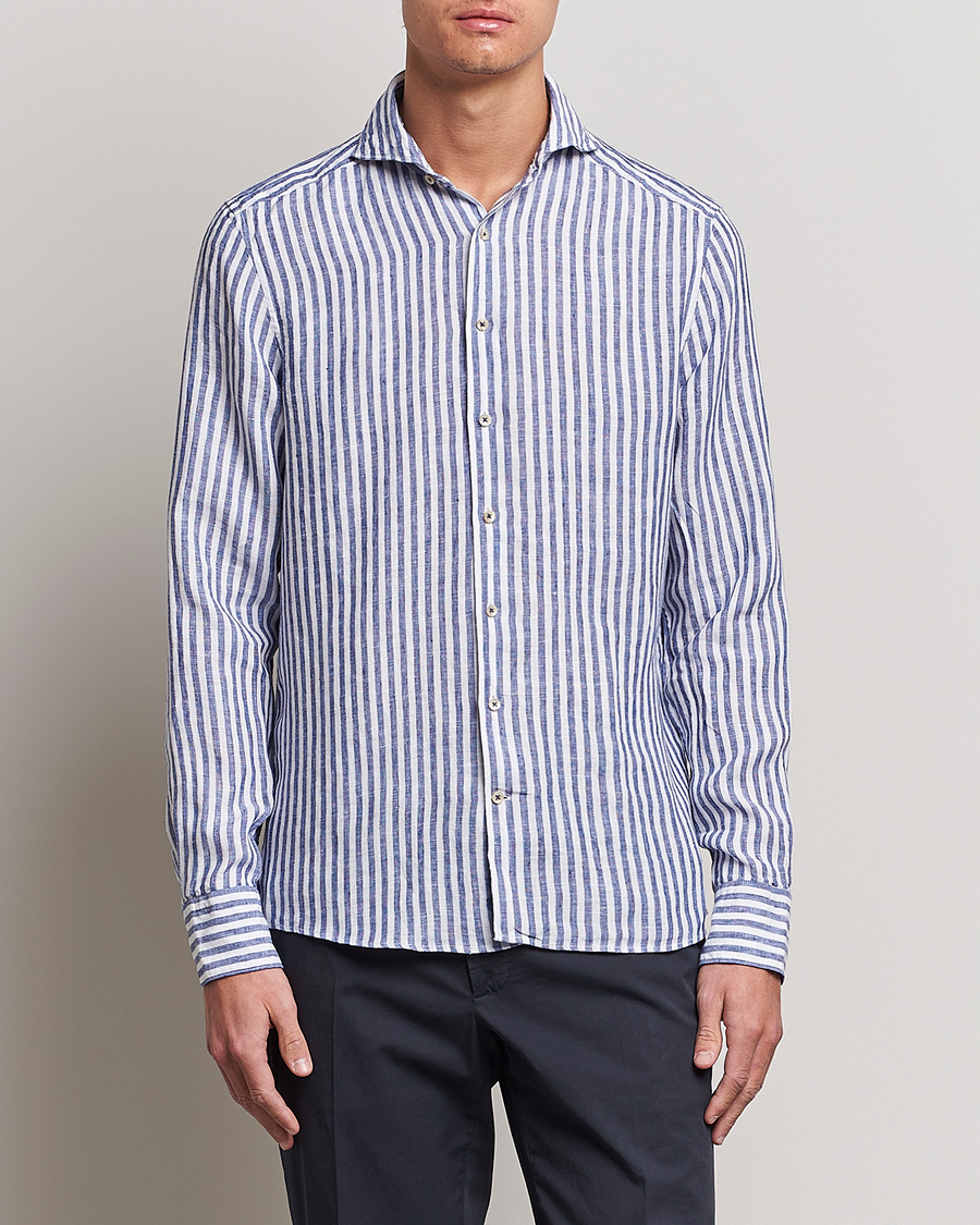 Herre |  | Stenströms | Slimline Cut Away Striped Linen Shirt Blue