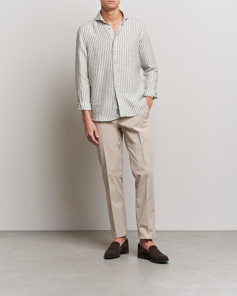 Herre | Skjorter | Stenströms | Slimline Cut Away Striped Linen Shirt Green