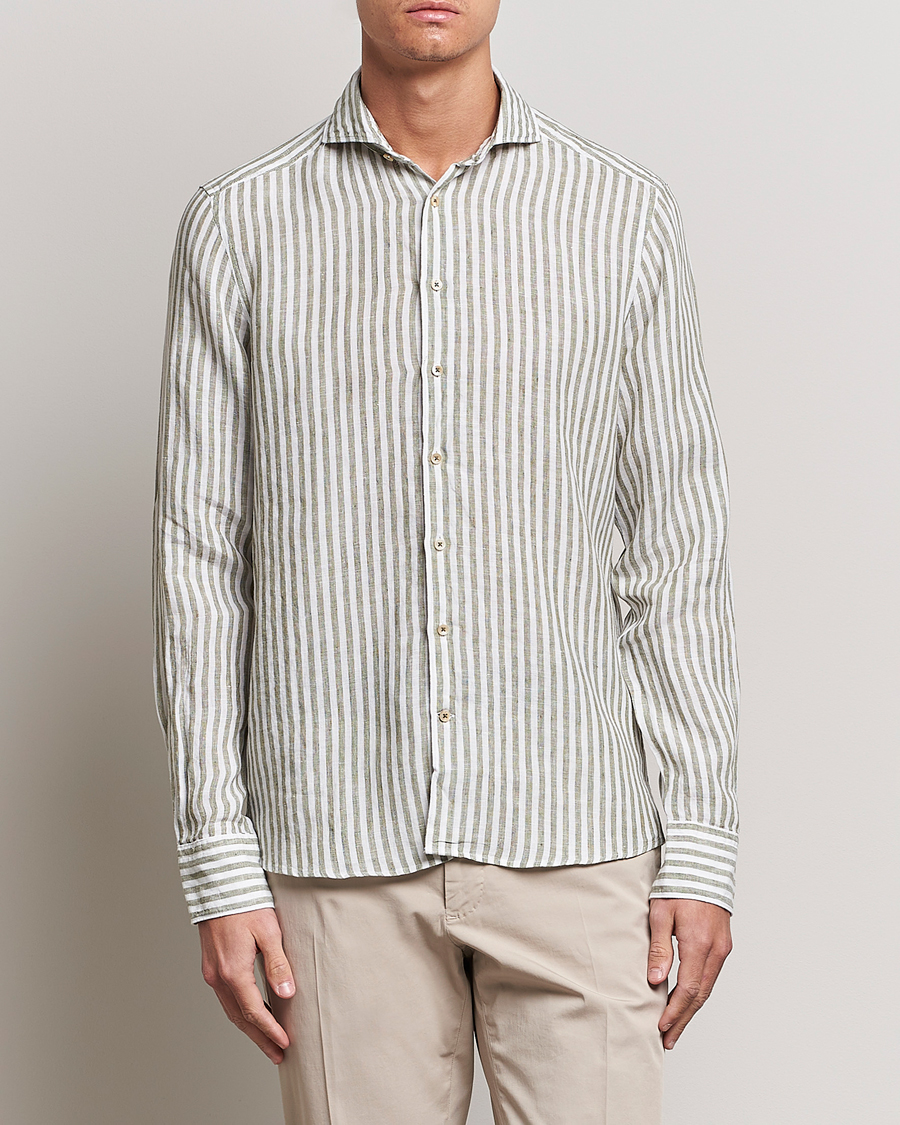 Herre | Hørskjorter | Stenströms | Slimline Cut Away Striped Linen Shirt Green