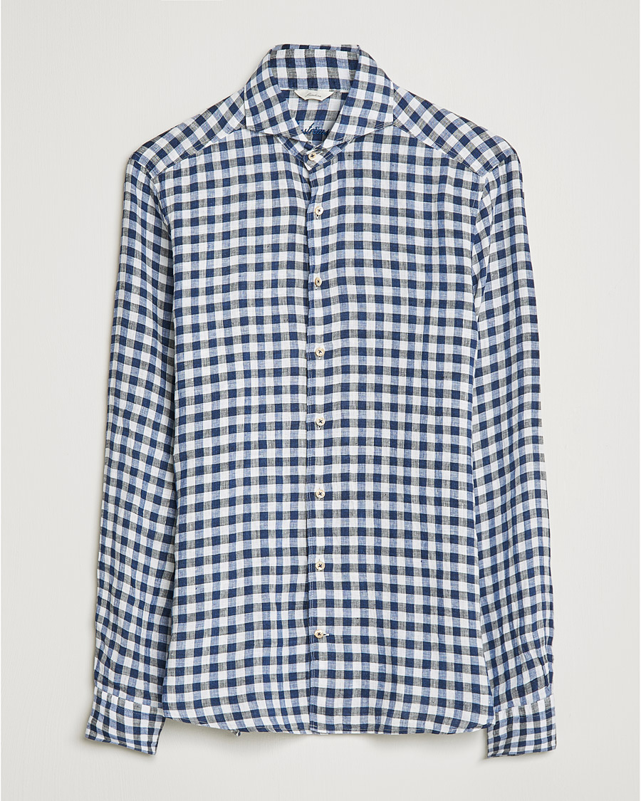 Herre | Skjorter | Stenströms | Slimline Cut Away Gingham Linen Shirt Blue