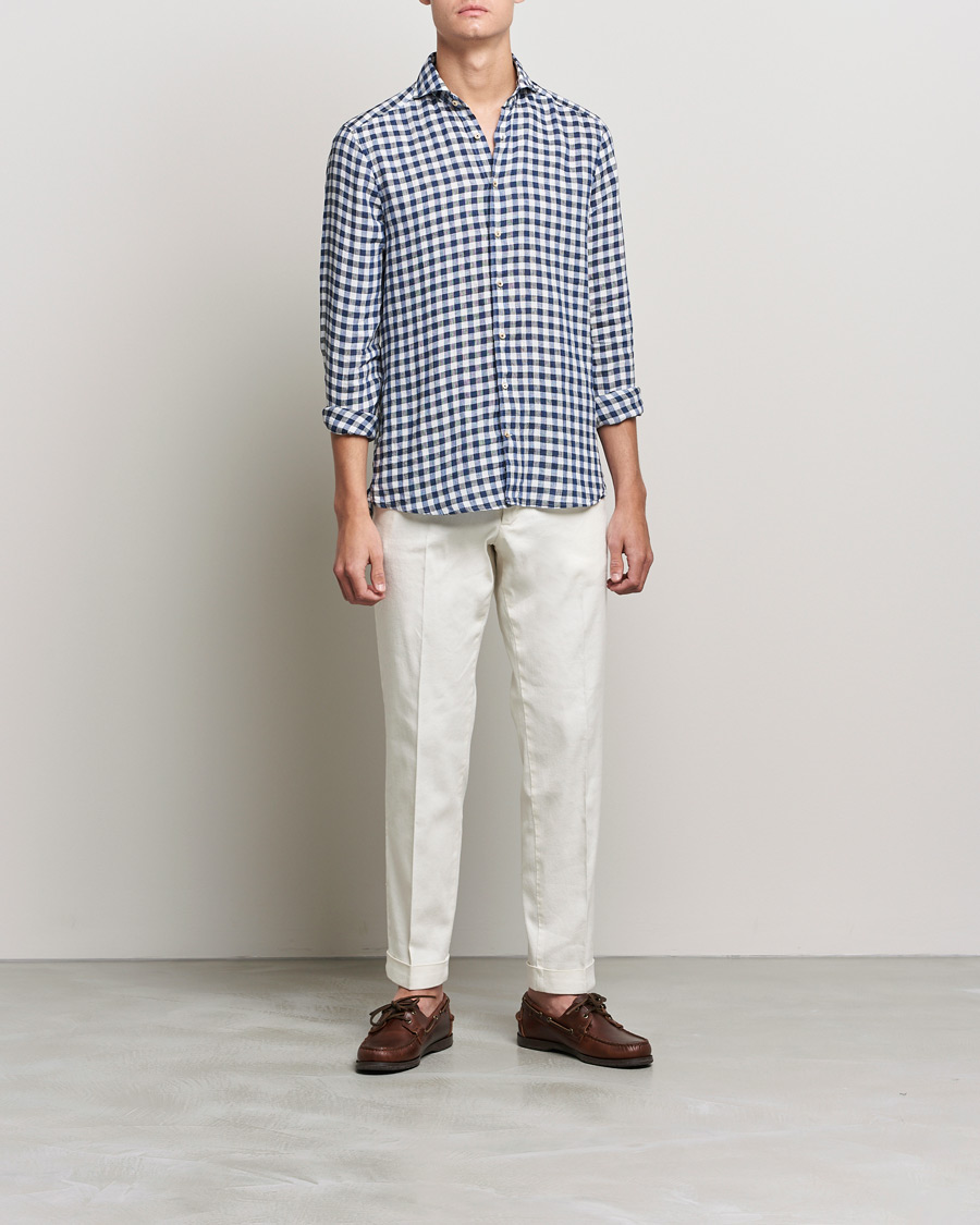Herre | Skjorter | Stenströms | Slimline Cut Away Gingham Linen Shirt Blue
