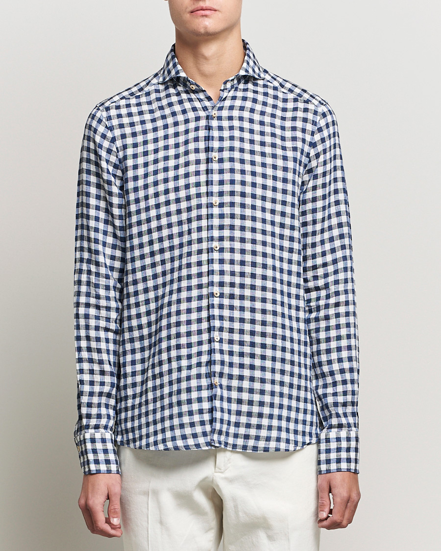 Herre | Skjorter | Stenströms | Slimline Cut Away Gingham Linen Shirt Blue