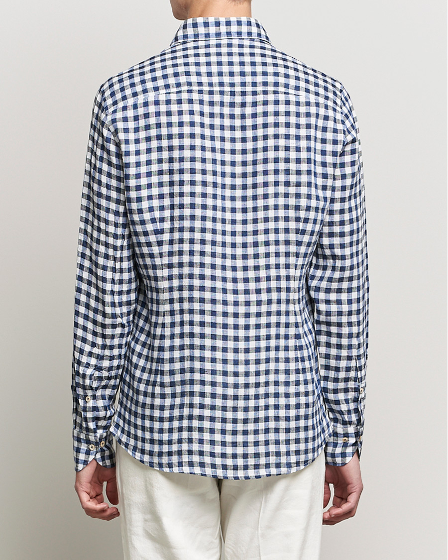 Herre | Skjorter | Stenströms | Slimline Cut Away Gingham Linen Shirt Blue