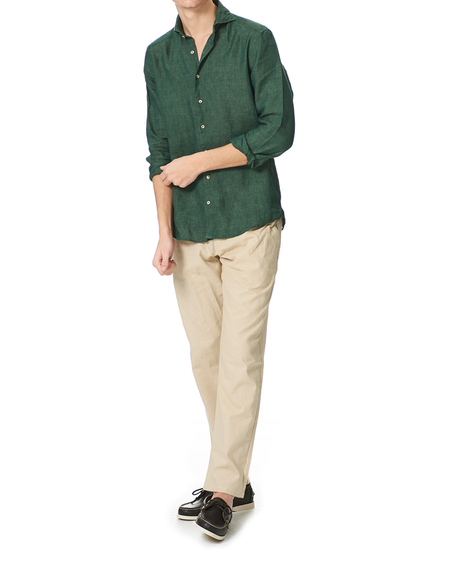 Herre | Skjorter | Stenströms | Slimline Cut Away Linen Shirt Dark Green