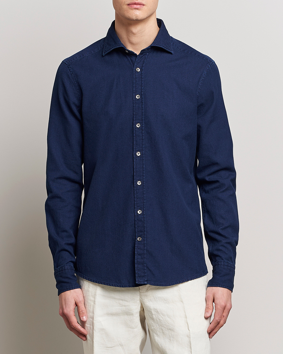 Herre | Denimskjorter | Stenströms | Slimline Washed Structured Denim Shirt Indigo Blue