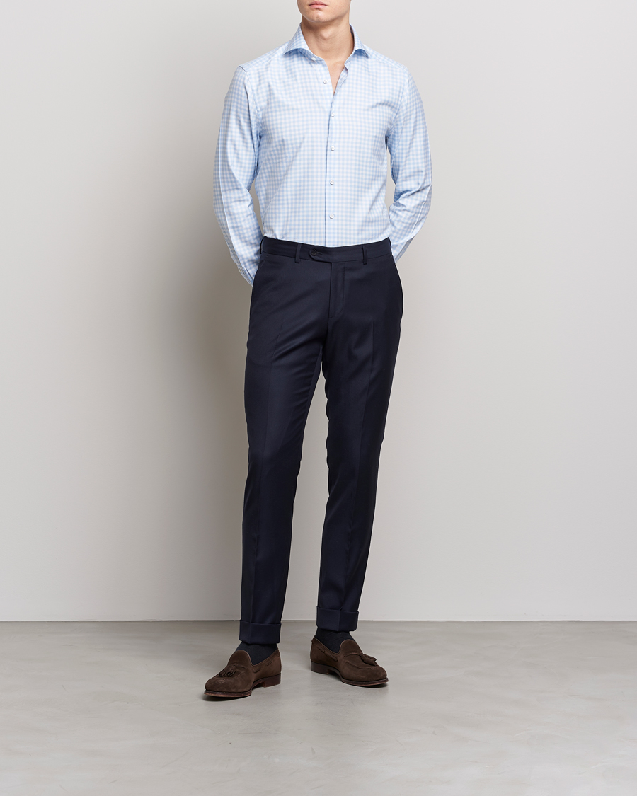 Herre | Skjorter | Stenströms | Slimline Checked Cut Away Shirt Light Blue