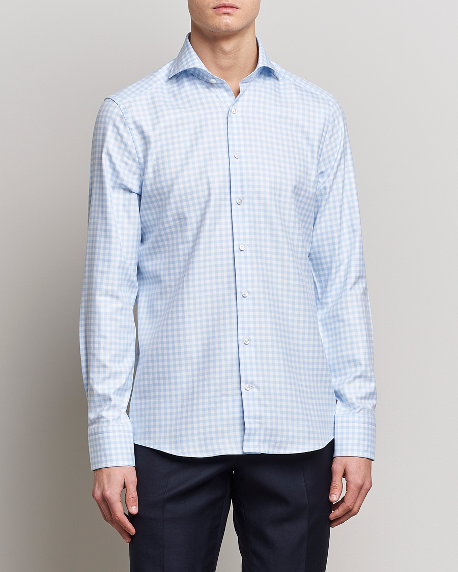 Herre | Skjorter | Stenströms | Slimline Checked Cut Away Shirt Light Blue