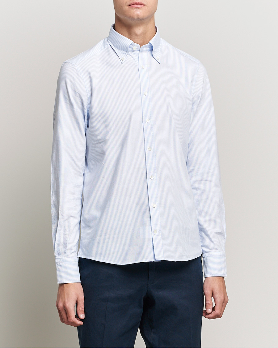 Herre |  | Stenströms | Slimline Washed Striped Oxford Shirt Light Blue