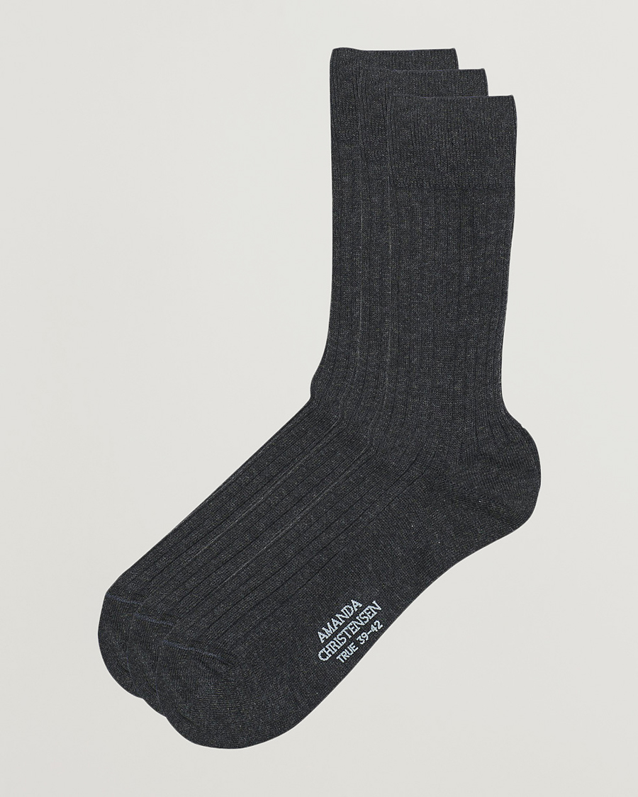 Herre | Undertøj | Amanda Christensen | 3-Pack True Cotton Ribbed Socks Antracite Melange