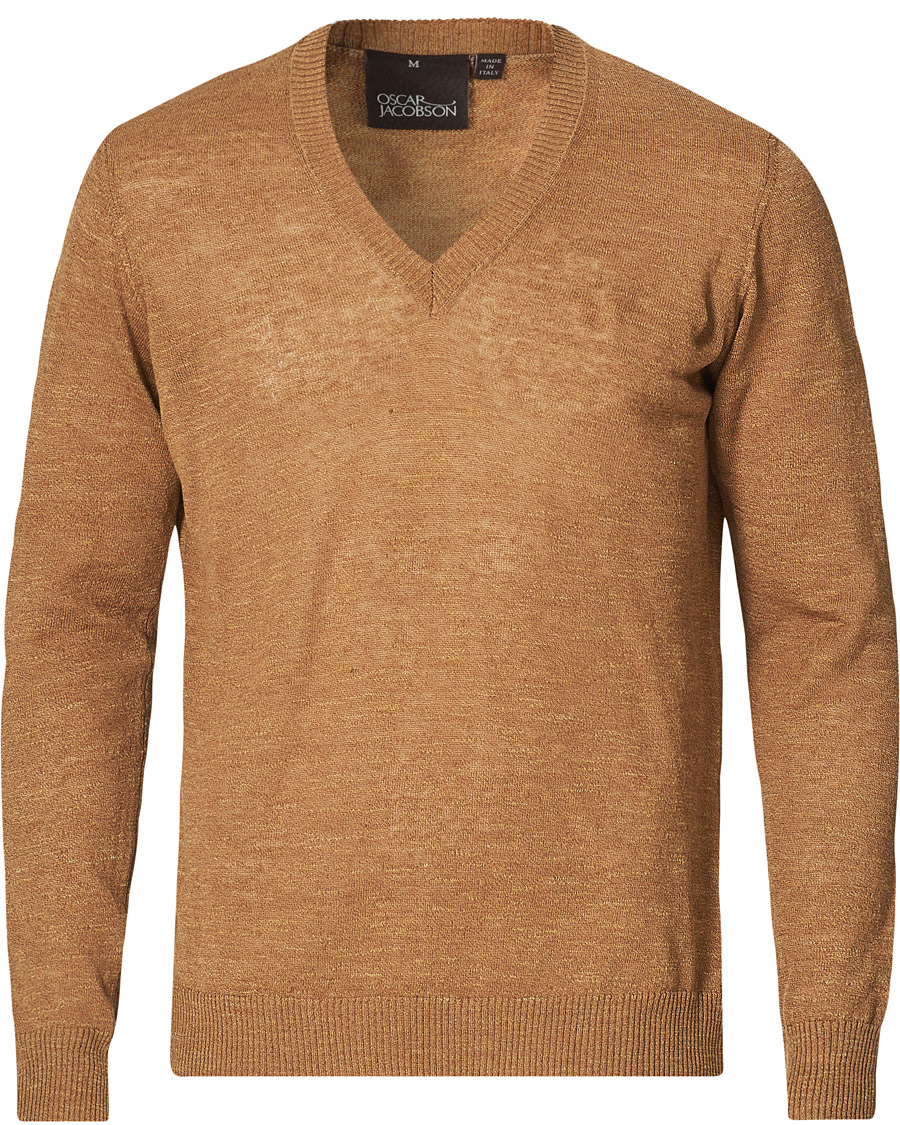 Herre | Trøjer | Oscar Jacobson | Lionel Linen/Cotton V-Neck Brown