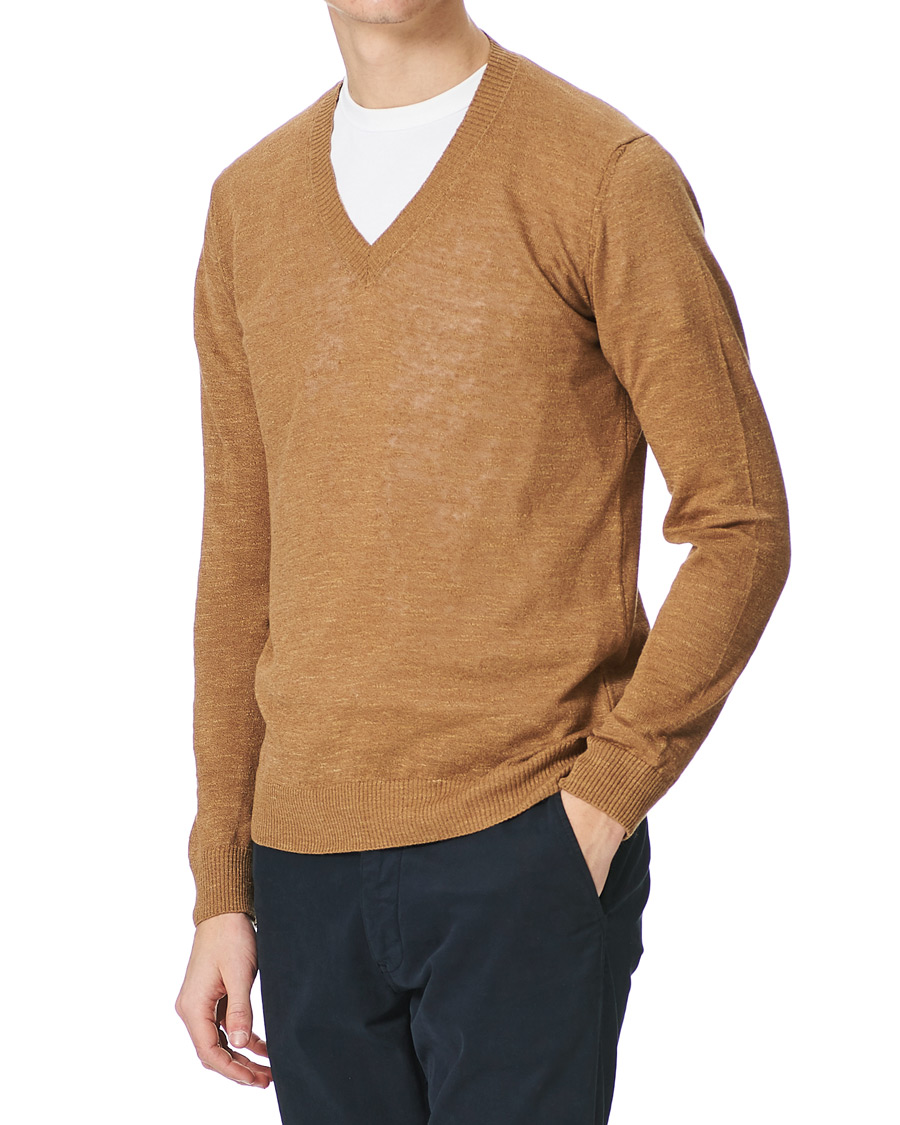 Herre | Trøjer | Oscar Jacobson | Lionel Linen/Cotton V-Neck Brown