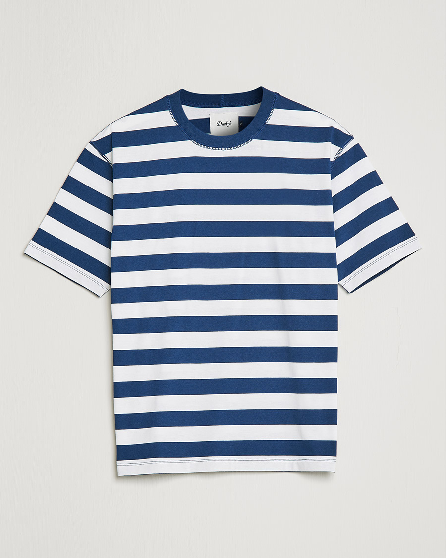 Herre | T-Shirts | Drake's | Striped Cotton Hiking Tee White/Navy