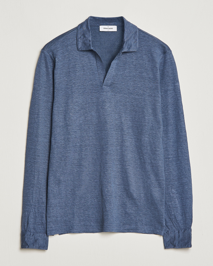 Herre | Trøjer | Gran Sasso | Washed Linen Long Sleeve Polo Blue Melange