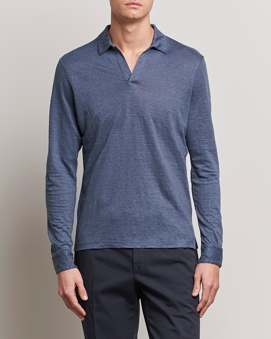 Herre | Trøjer | Gran Sasso | Washed Linen Long Sleeve Polo Blue Melange