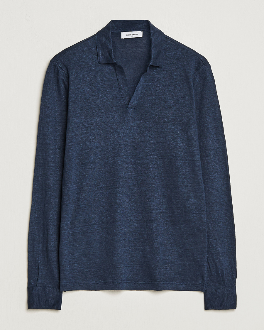 Herre | Polotrøjer | Gran Sasso | Washed Linen Long Sleeve Polo Navy Melange