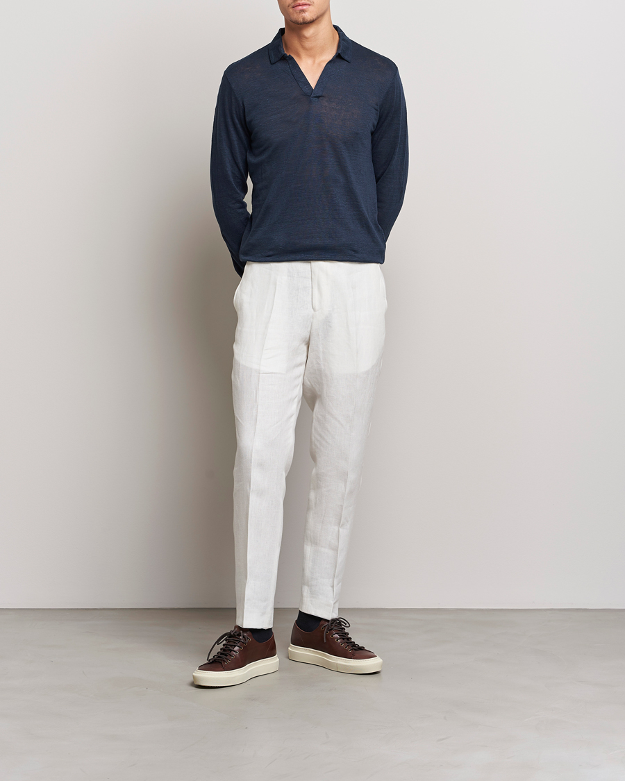 Herre | Polotrøjer | Gran Sasso | Washed Linen Long Sleeve Polo Navy Melange