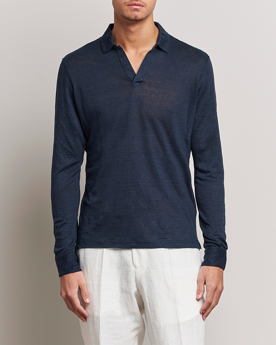 Herre | Polotrøjer | Gran Sasso | Washed Linen Long Sleeve Polo Navy Melange