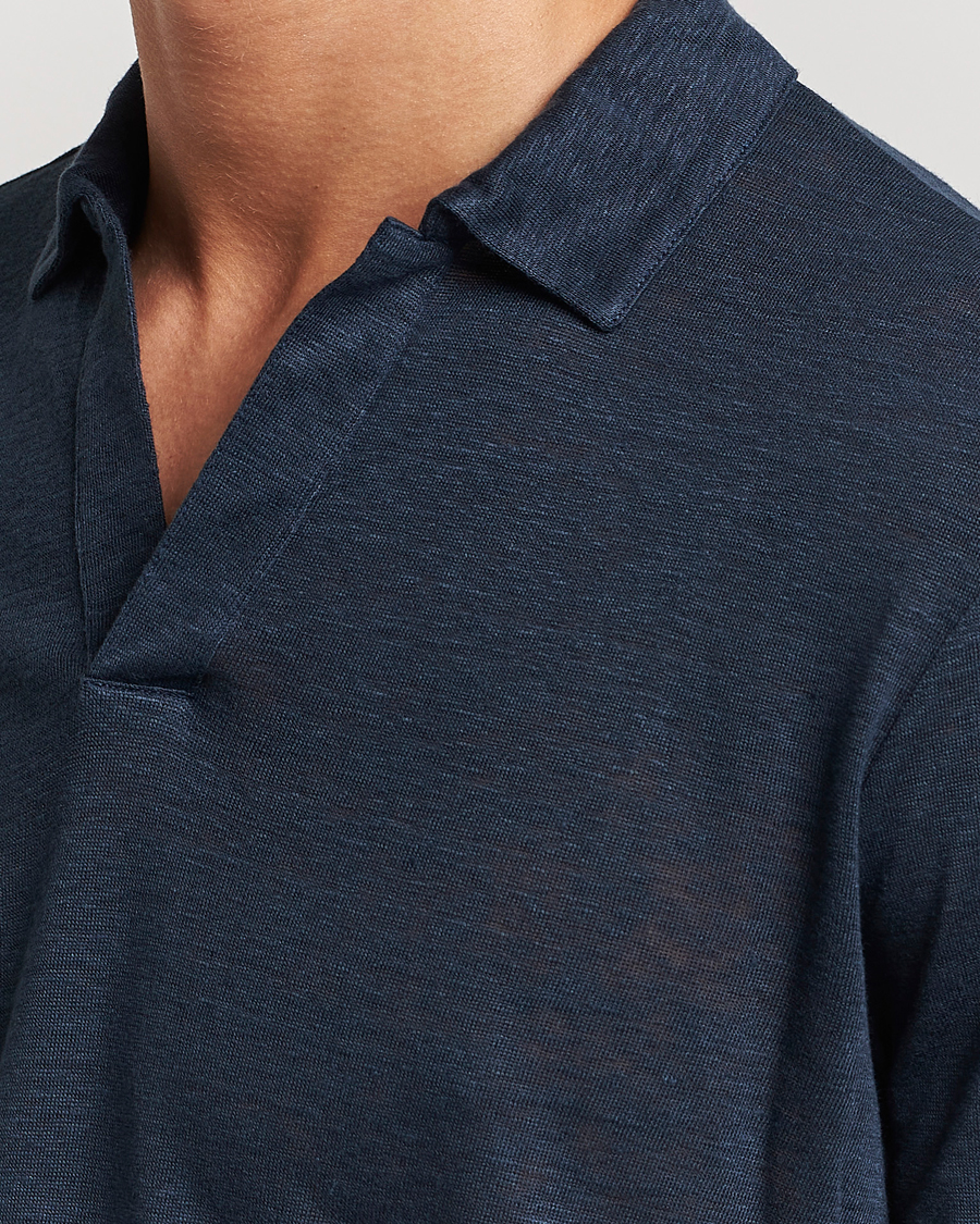 Herre | Polotrøjer | Gran Sasso | Washed Linen Long Sleeve Polo Navy Melange