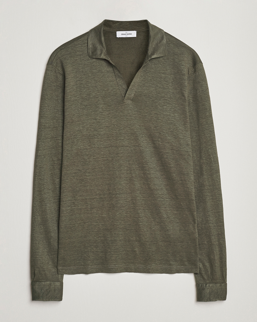 Herre | Trøjer | Gran Sasso | Washed Linen Long Sleeve Polo Dark Green