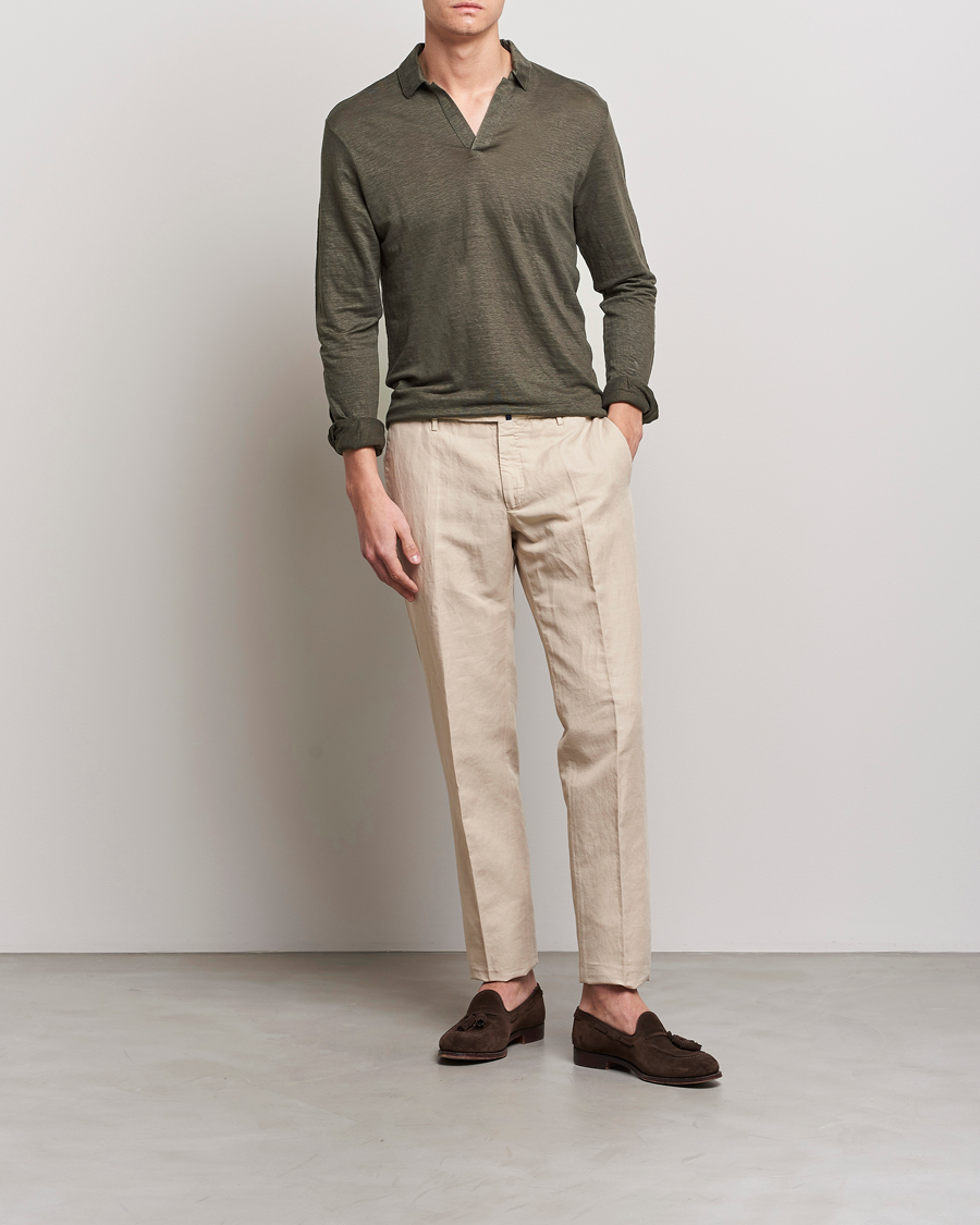 Herre | Trøjer | Gran Sasso | Washed Linen Long Sleeve Polo Dark Green