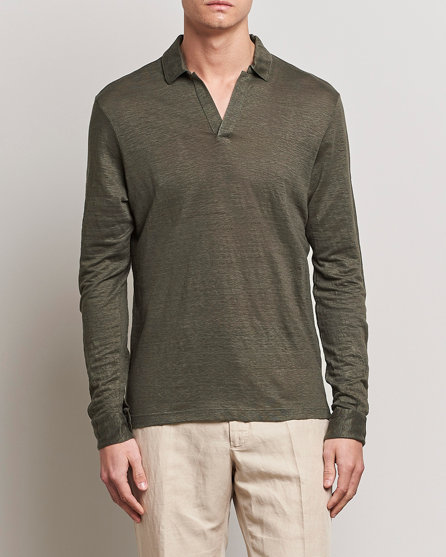 Herre | Trøjer | Gran Sasso | Washed Linen Long Sleeve Polo Dark Green