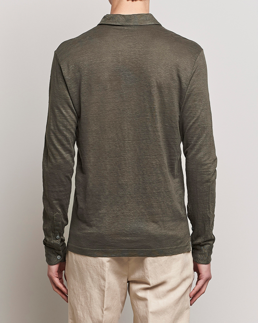 Herre | Trøjer | Gran Sasso | Washed Linen Long Sleeve Polo Dark Green
