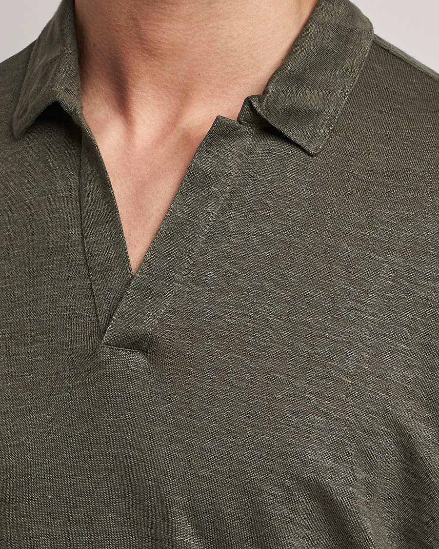 Herre | Trøjer | Gran Sasso | Washed Linen Long Sleeve Polo Dark Green