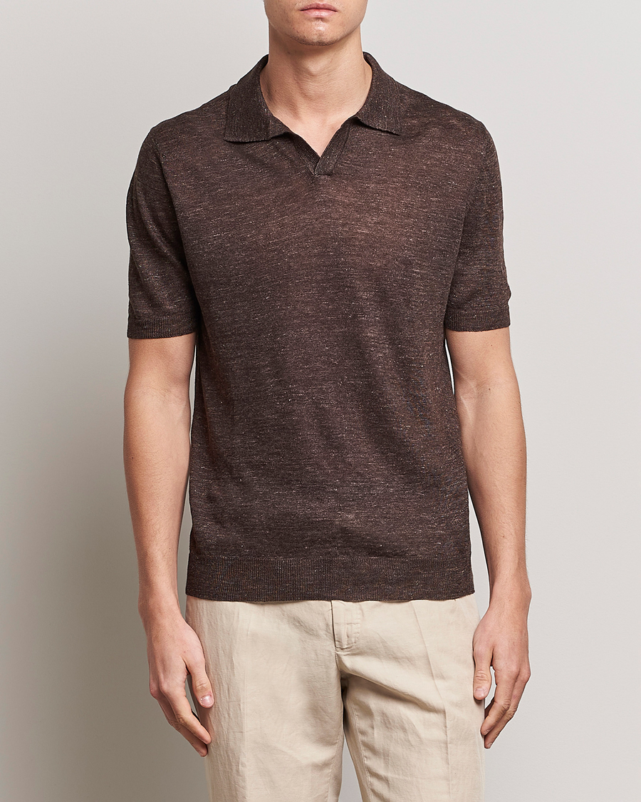 Herre | Italian Department | Gran Sasso | Knitted Linen Polo Dark Brown