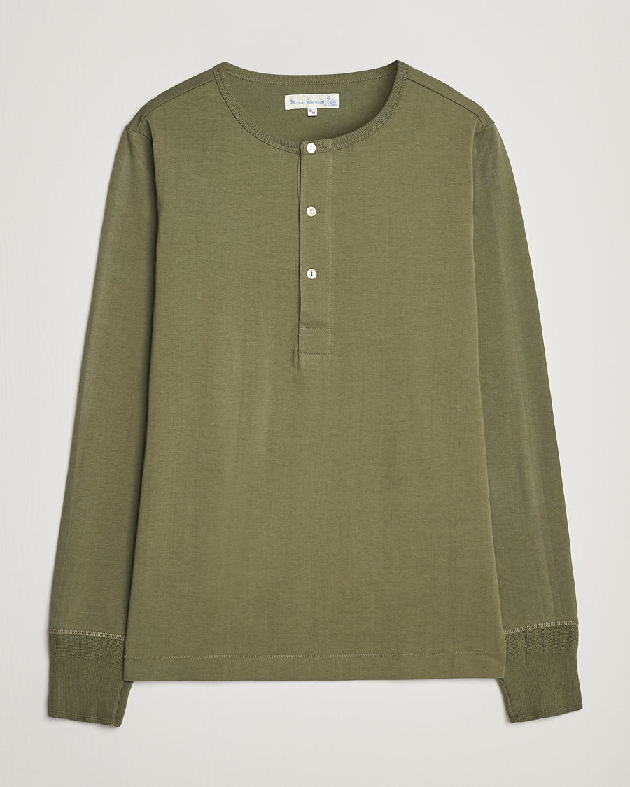 Herre | T-Shirts | Merz b. Schwanen | Classic Organic Cotton Henley Sweater Army