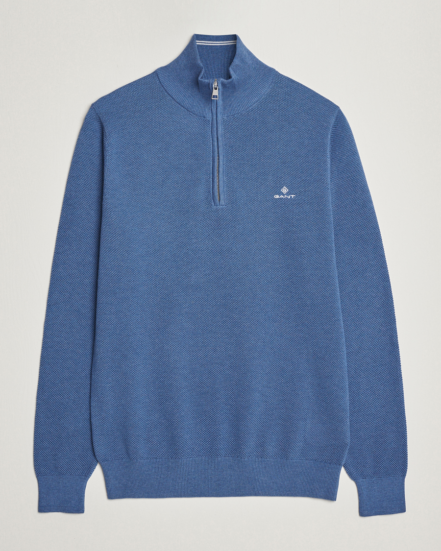 Herre | Trøjer | GANT | Cotton Pique Half-Zip Sweater Denim Blue Melange