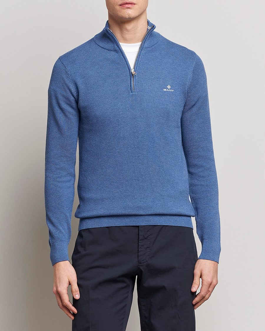 Herre |  | GANT | Cotton Pique Half-Zip Sweater Denim Blue Melange